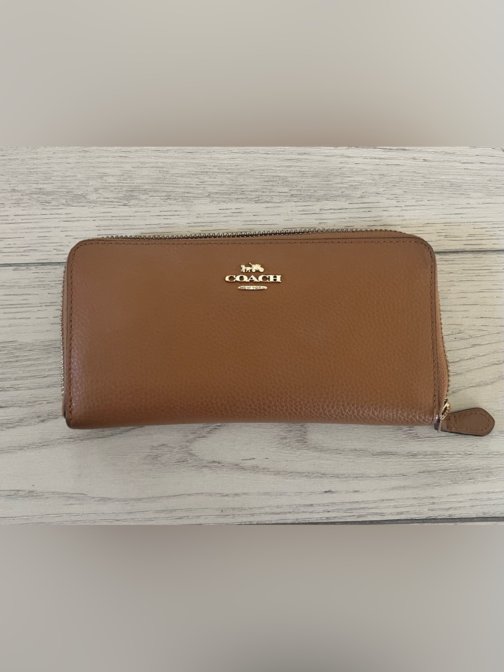 Coach Tan Pebbled Leather Zip Wallet with Gold Logo